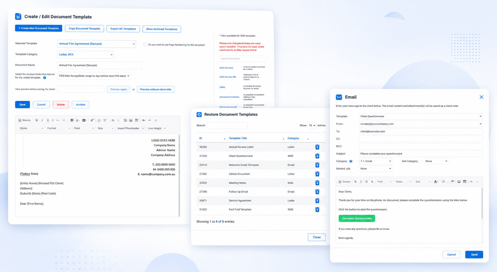 Worksorted document creation and template screen